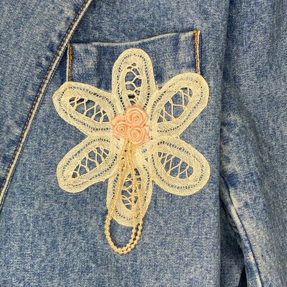 VTG Jordache Denim Jean Jacket 80s Lace Flower One Button Womens Sz M - Picture 4 of 9